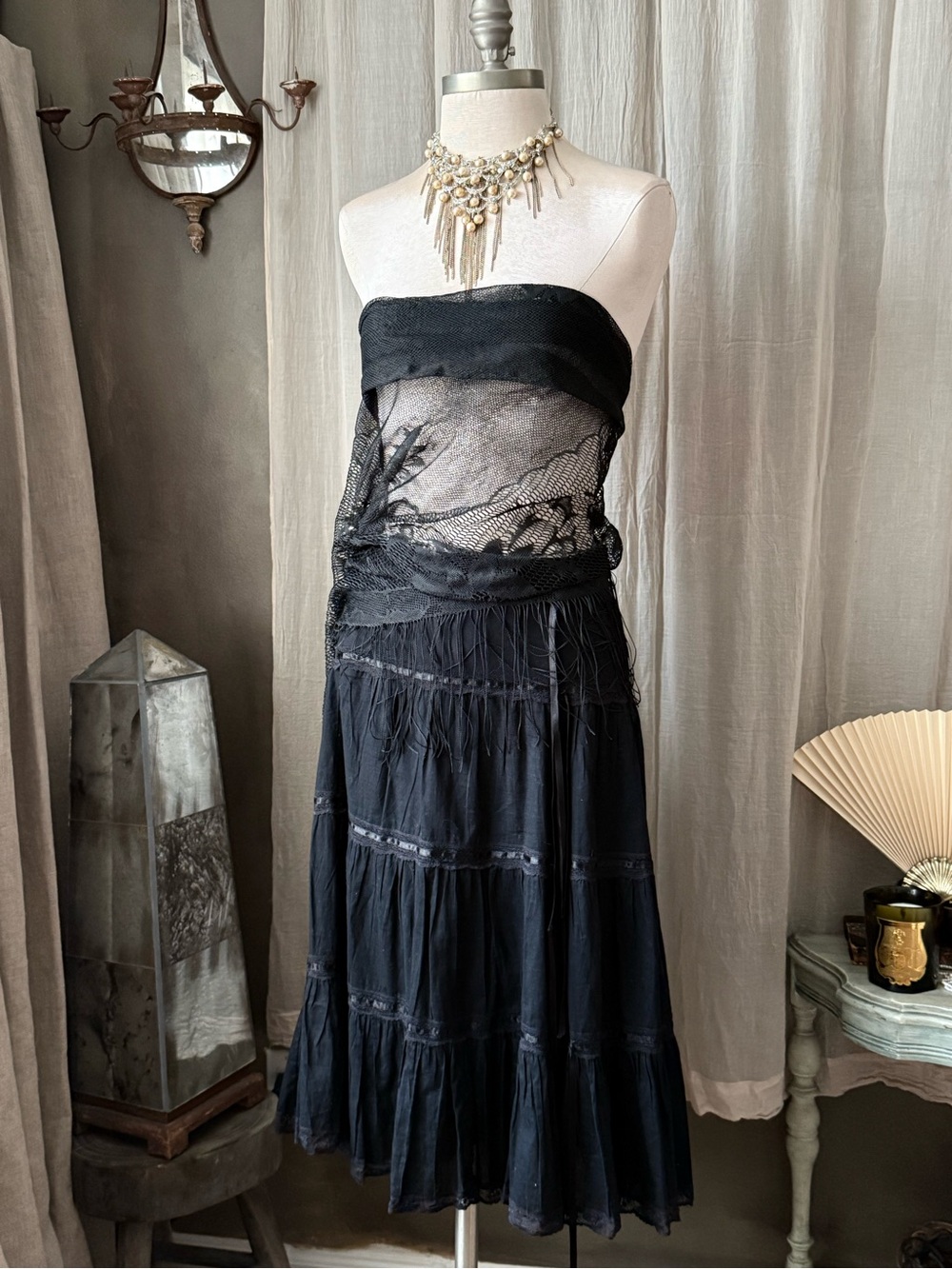 True vintage Tramp black midi skirt with tiered ruffle lace mesh details goth